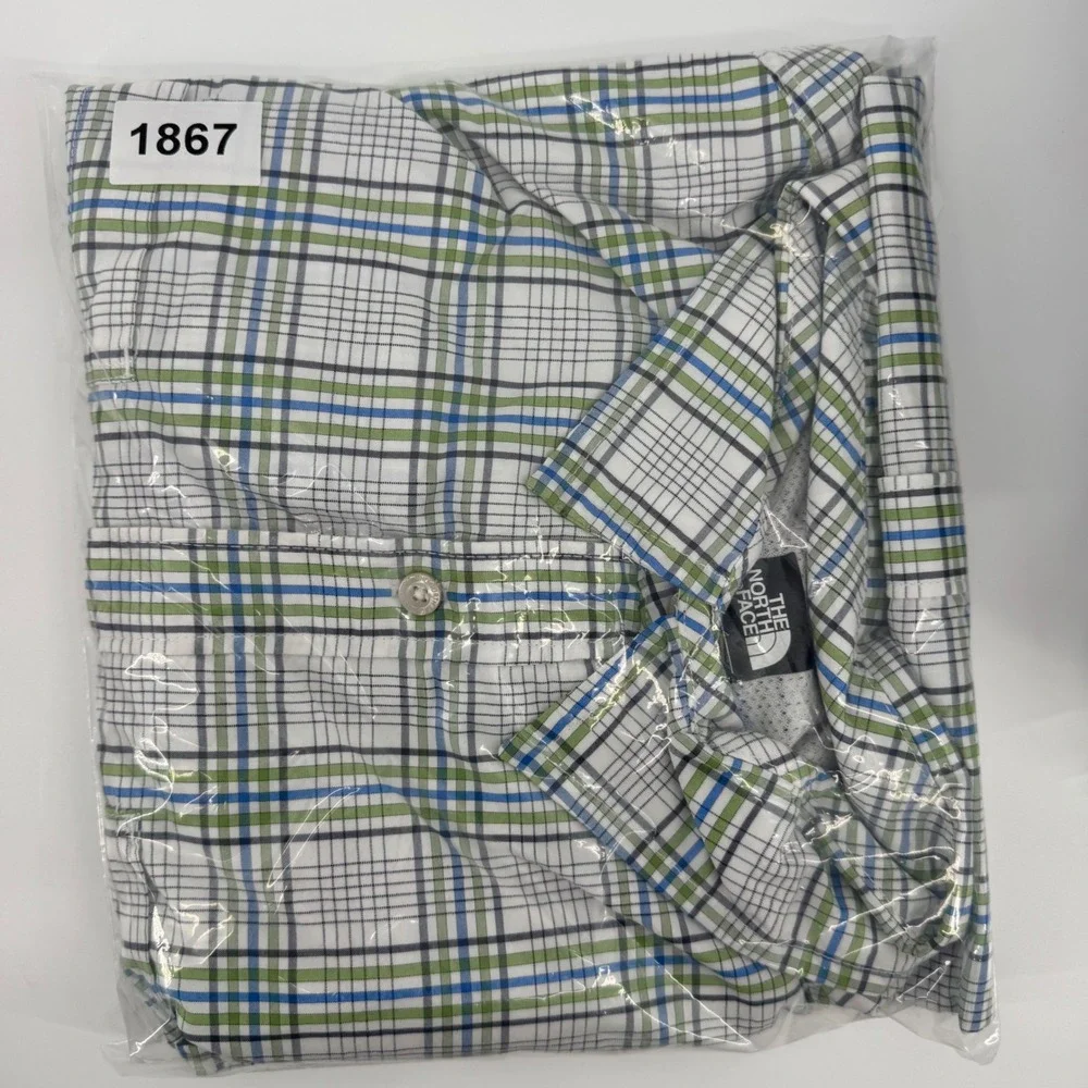The North Face Men XL Plaid Short Sleeve Button Up Shirt Blue Green Hiking Trail